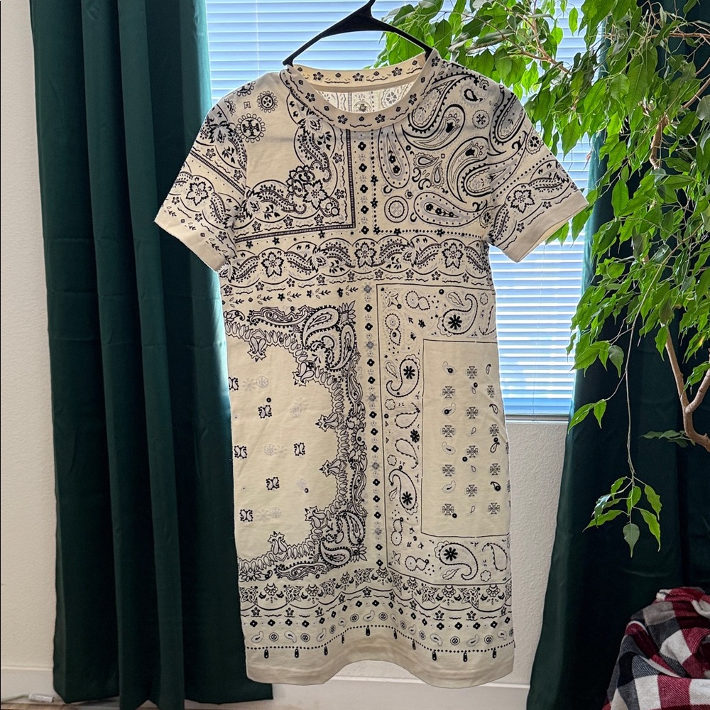 Tory Burch Black and Cream beaded Bandana Print Mini Dress